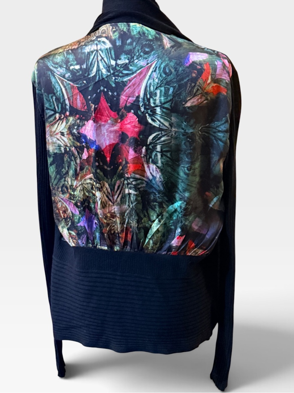 Ted Baker Esmay Mixed Media Cardigan Sweater Floral Black Open Front Sz 3 M 8